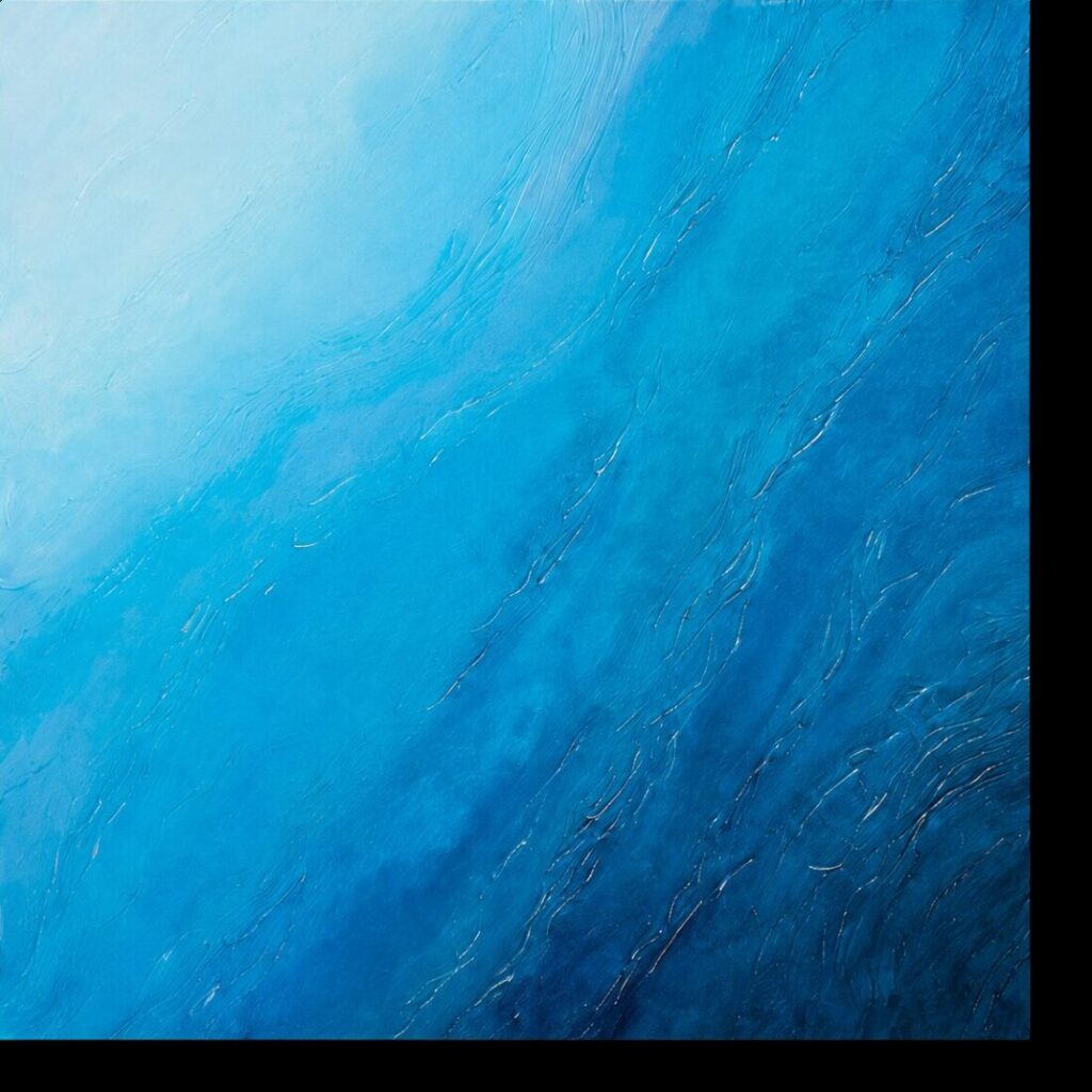 Cuadro abstracto Costa de Ibiza de Adriana Fernández, 105 × 104 cm, azules y textura